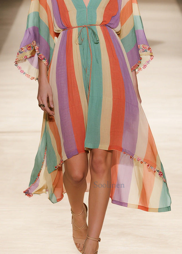 Women Rainbow V Neck Striped Chiffon Holiday Dress Summer
