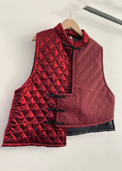 Women Red Asymmetrical Chinese Button Cotton Blended Waistcoat Sleeveless