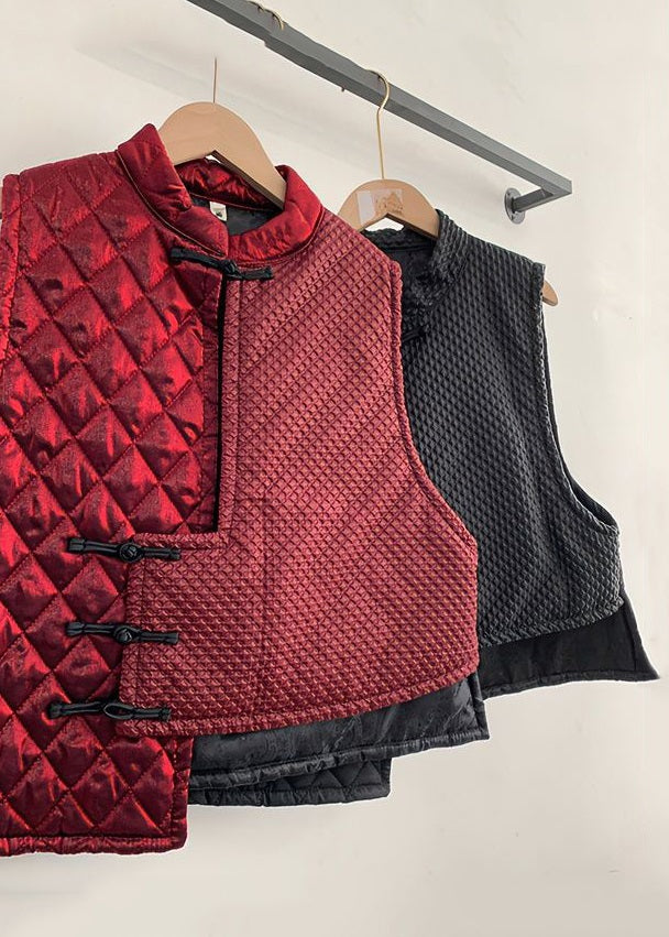 Women Red Asymmetrical Chinese Button Cotton Blended Waistcoat Sleeveless