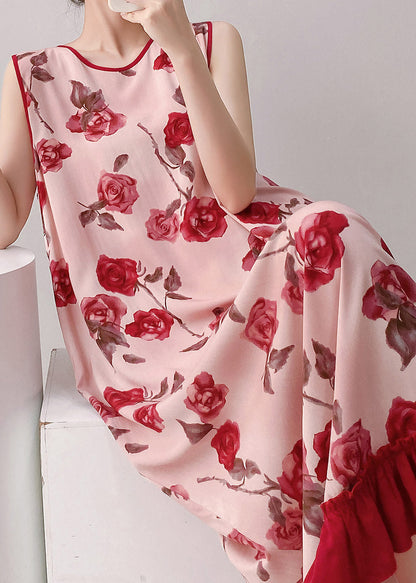 Women Red O-Neck Print Long Dresses Summer