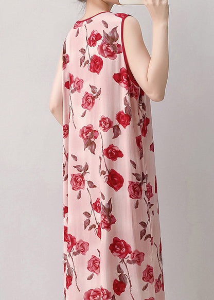 Women Red O-Neck Print Long Dresses Summer
