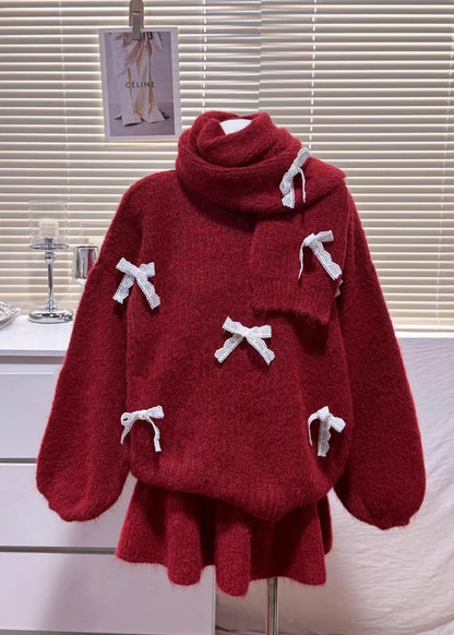 Women Red Oversized Bow Knit Three-Piece Set Winter