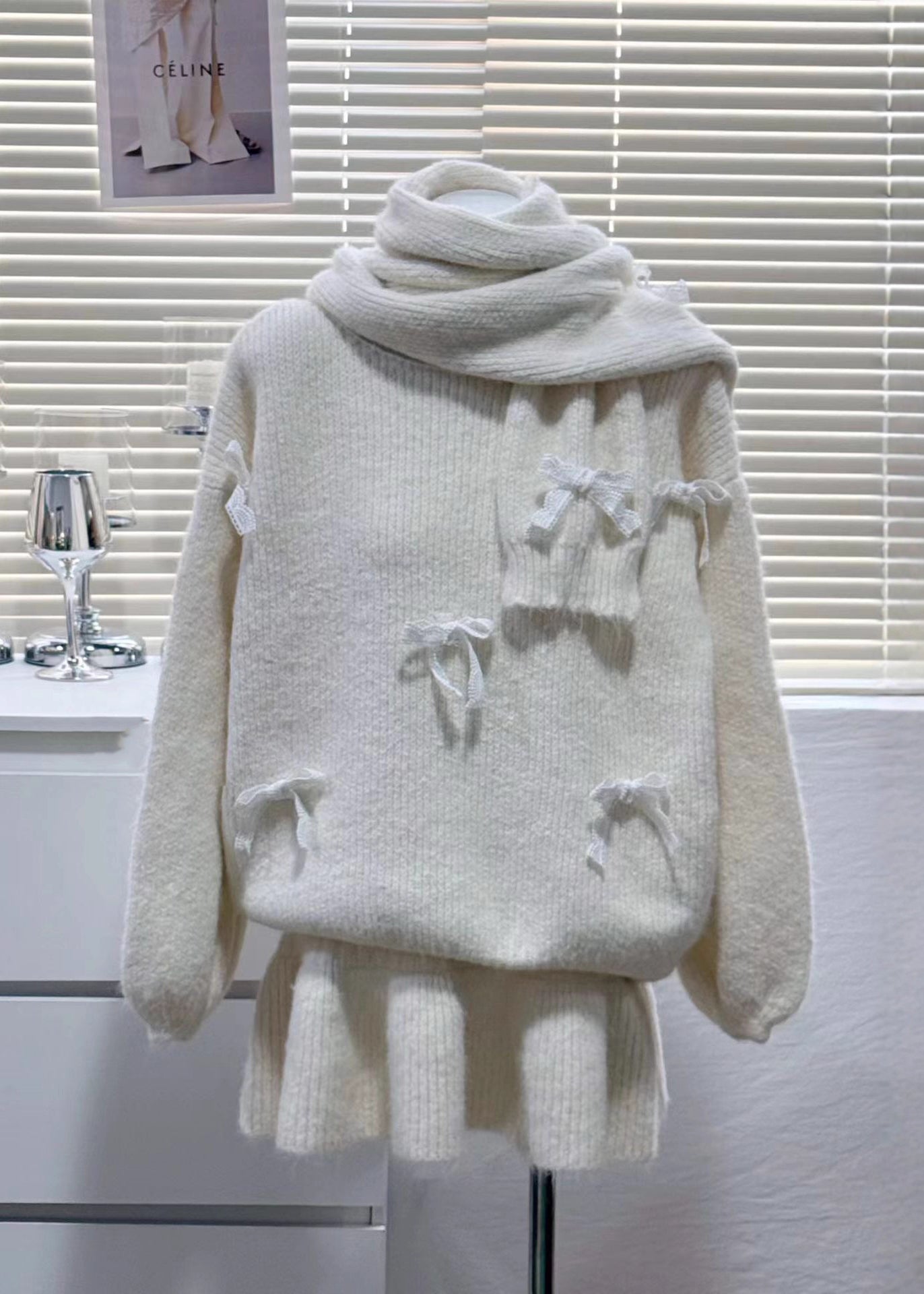 Women Red Oversized Bow Knit Three-Piece Set Winter