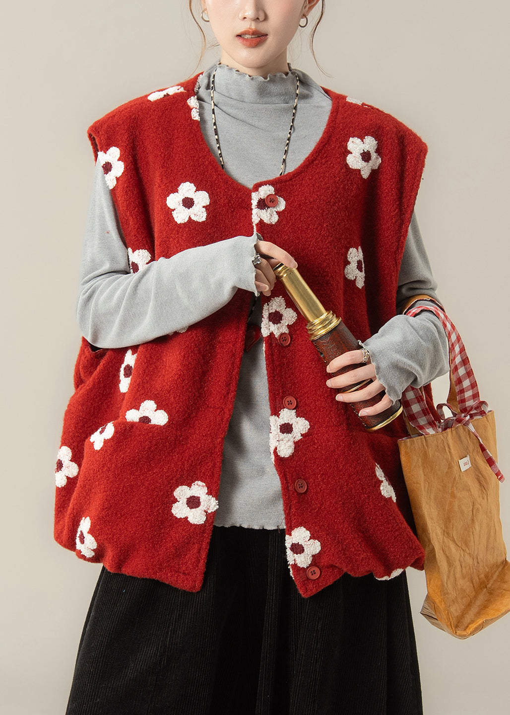 Women Red Oversized Floral Cotton Vest Top Winter
