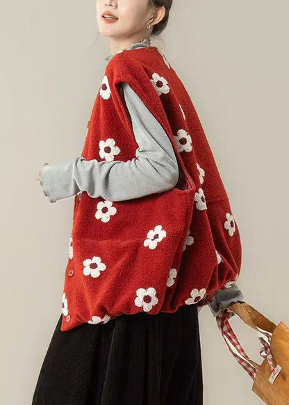 Women Red Oversized Floral Cotton Vest Top Winter