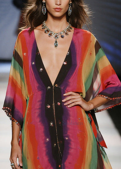 Women Red Tie Dye Draping Chiffon Vacation Dresses Summer