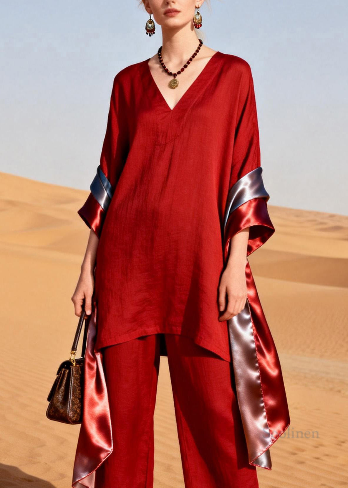 Women Red V Neck Patchwork Linen Silk Two Pieces Set Summer