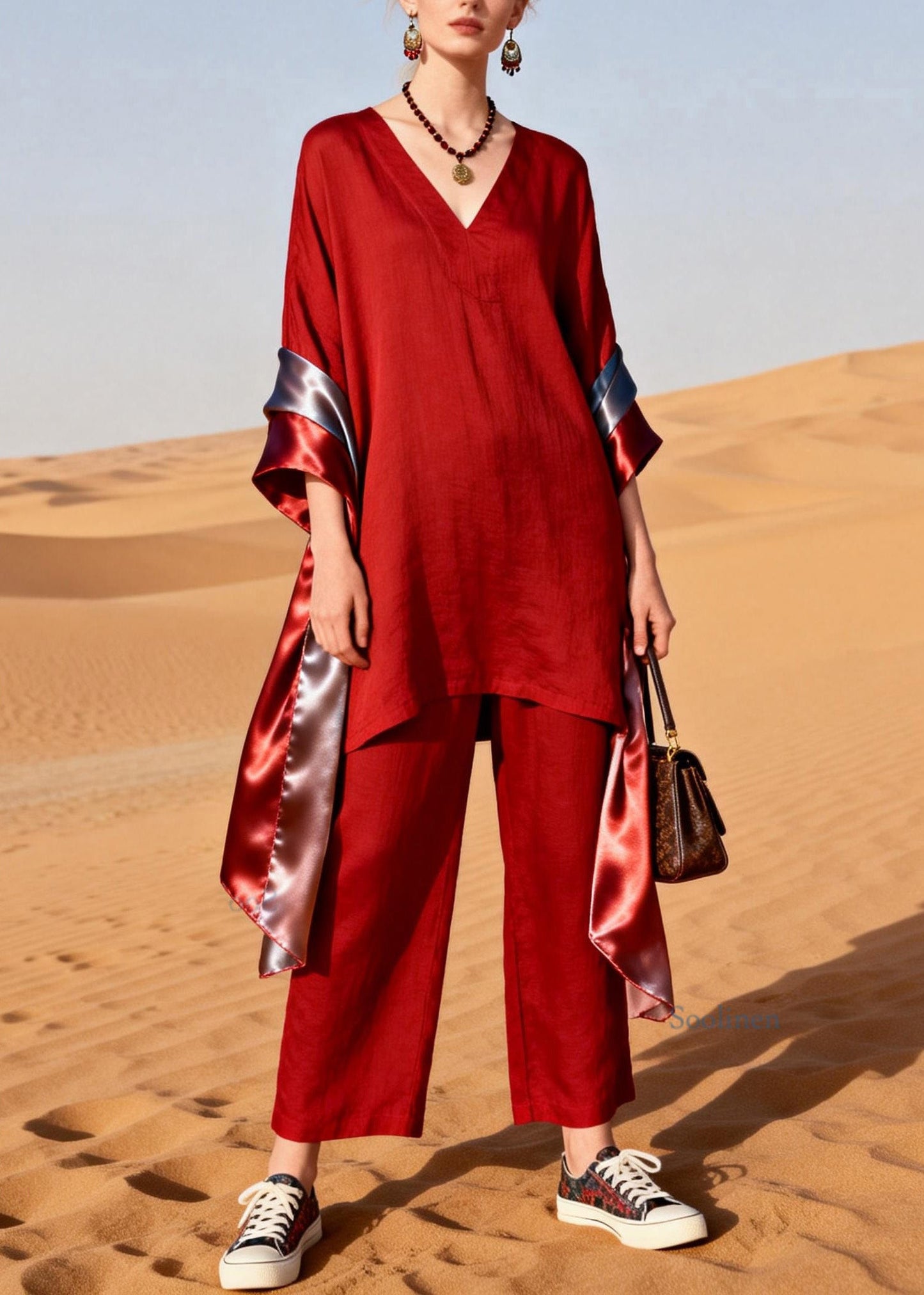 Women Red V Neck Patchwork Linen Silk Two Pieces Set Summer