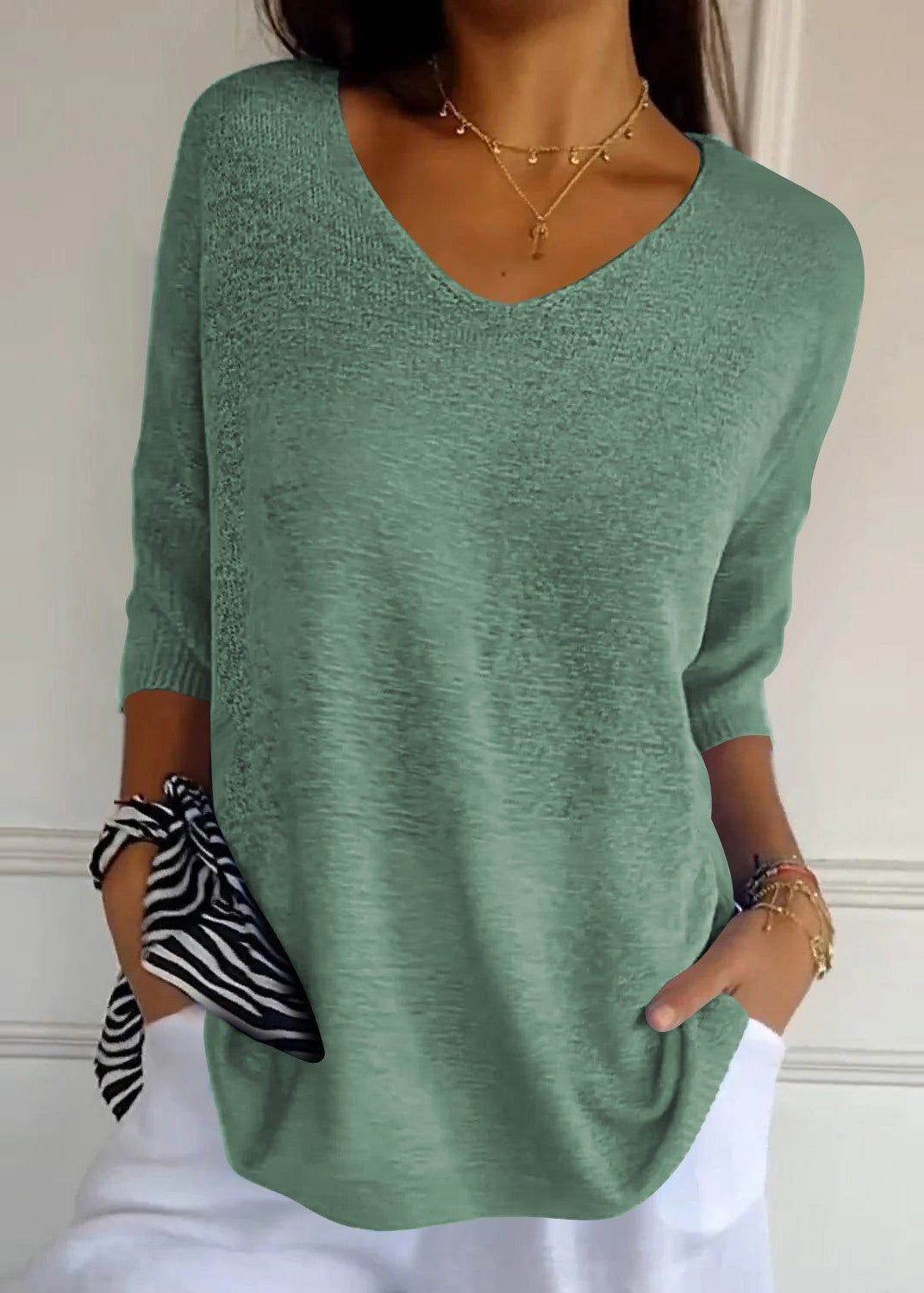 Women Red V Neck Plus Size Knit Shirt Top Summer