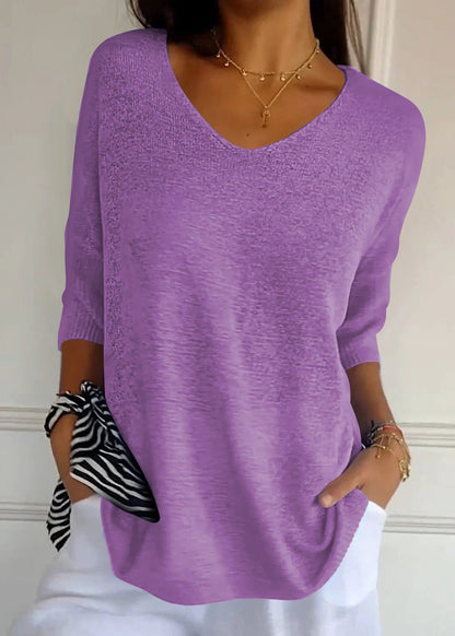Women Red V Neck Plus Size Knit Shirt Top Summer