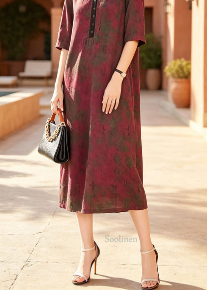 Women Red V Neck Print Patchwork Silk Dresses Summer