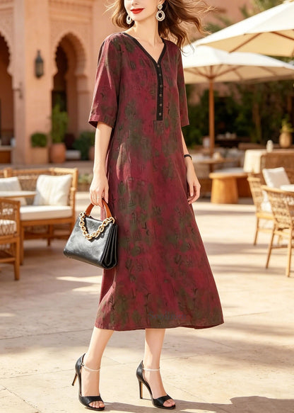 Women Red V Neck Print Patchwork Silk Dresses Summer
