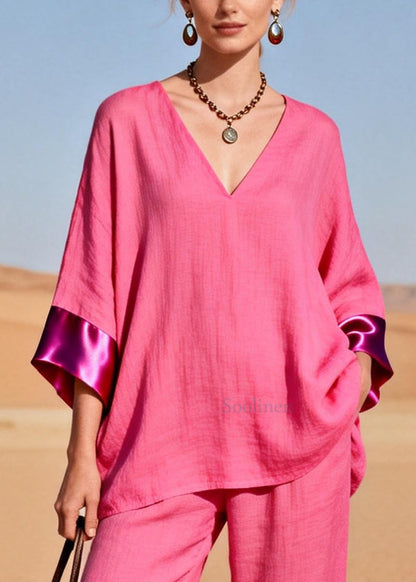 Women Rose Oversized Patchwork Silk Cotton Women Sets 2 Pieces