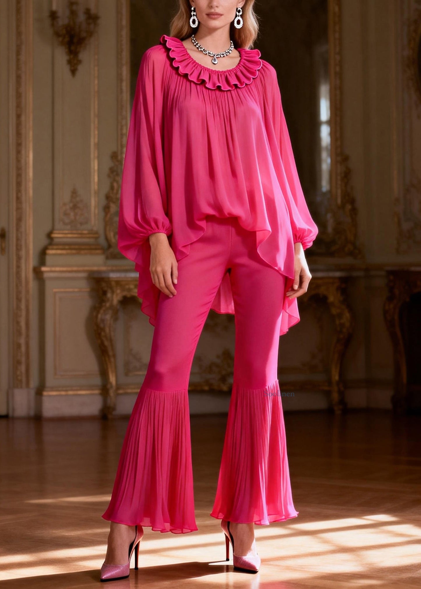 Women Rose Ruffled Low High Design Chiffon Two Piece Set Spring