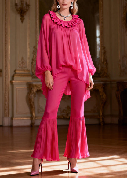 Women Rose Ruffled Low High Design Chiffon Two Piece Set Spring