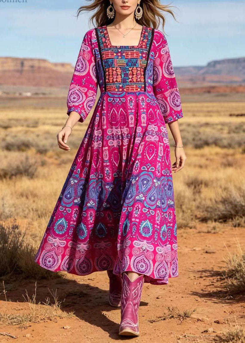 Women Rose Square Collar Print Cotton Long Dresses Summer