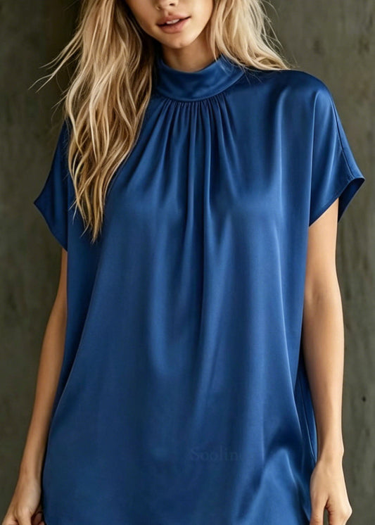 Women Royal Blue Stand Collar Silk Top Summer
