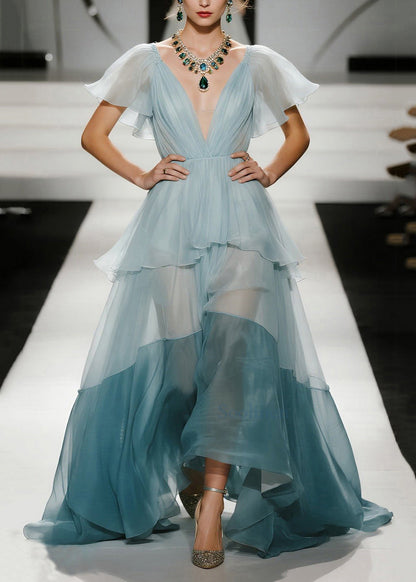 Women Sky Blue Exra Large Hem Patchwork Organza Evening Dresses Butterfly Sleeve
