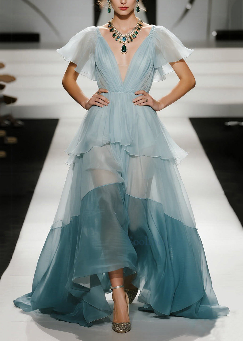 Women Sky Blue Exra Large Hem Patchwork Organza Evening Dresses Butterfly Sleeve