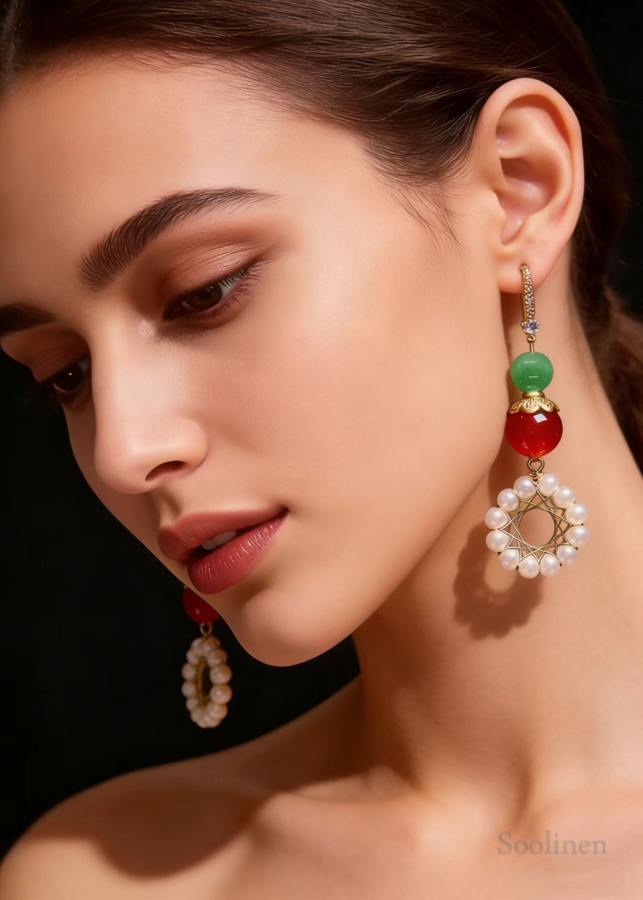 Women Sunflower Pearl Long Drop Earrings
