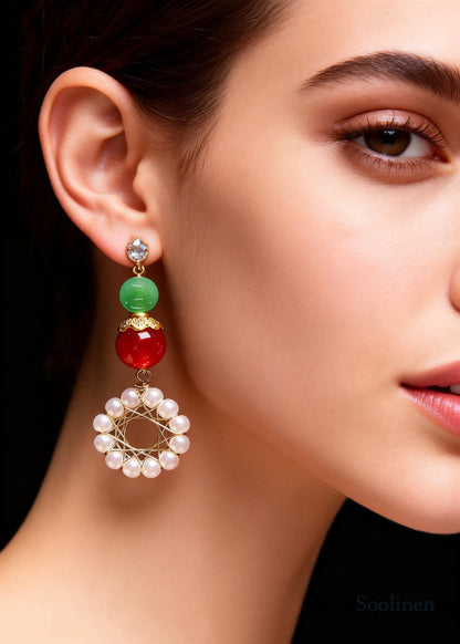 Women Sunflower Pearl Long Drop Earrings