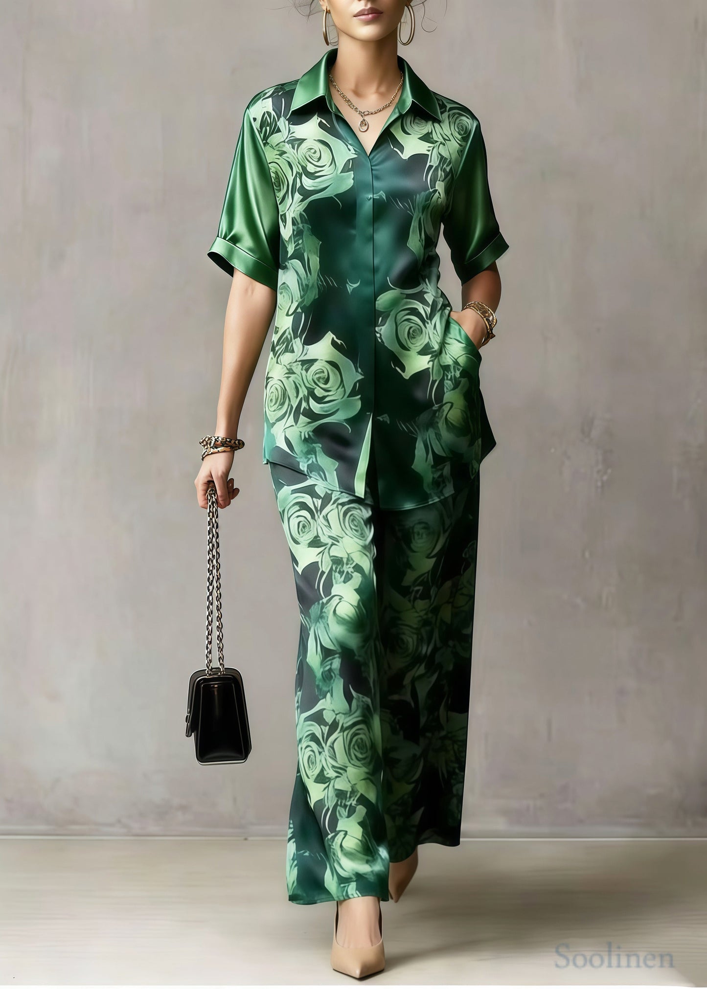 Women Tea Green Flower Print Draping Silk Two Pieces Set Summer