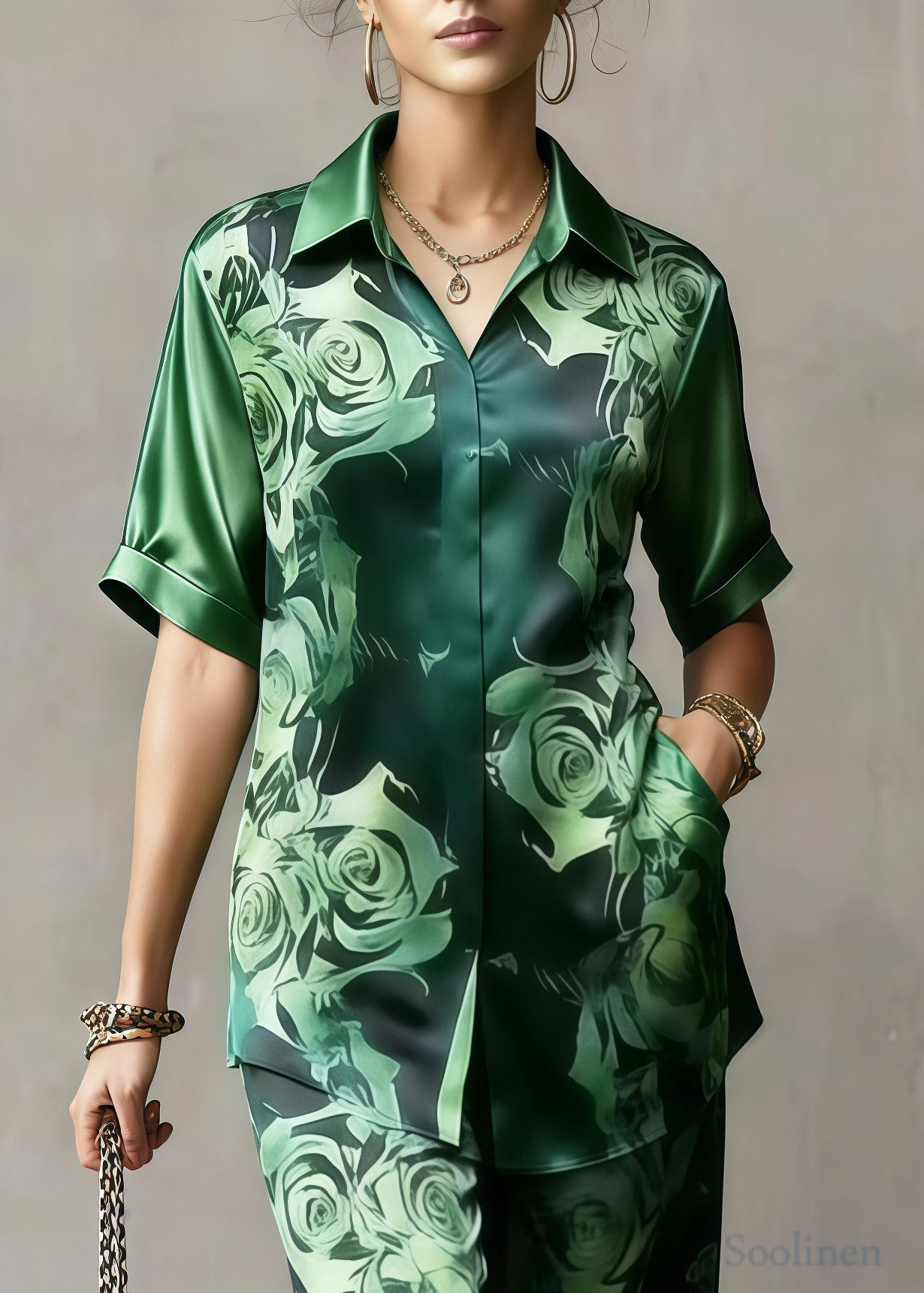 Women Tea Green Flower Print Draping Silk Two Pieces Set Summer