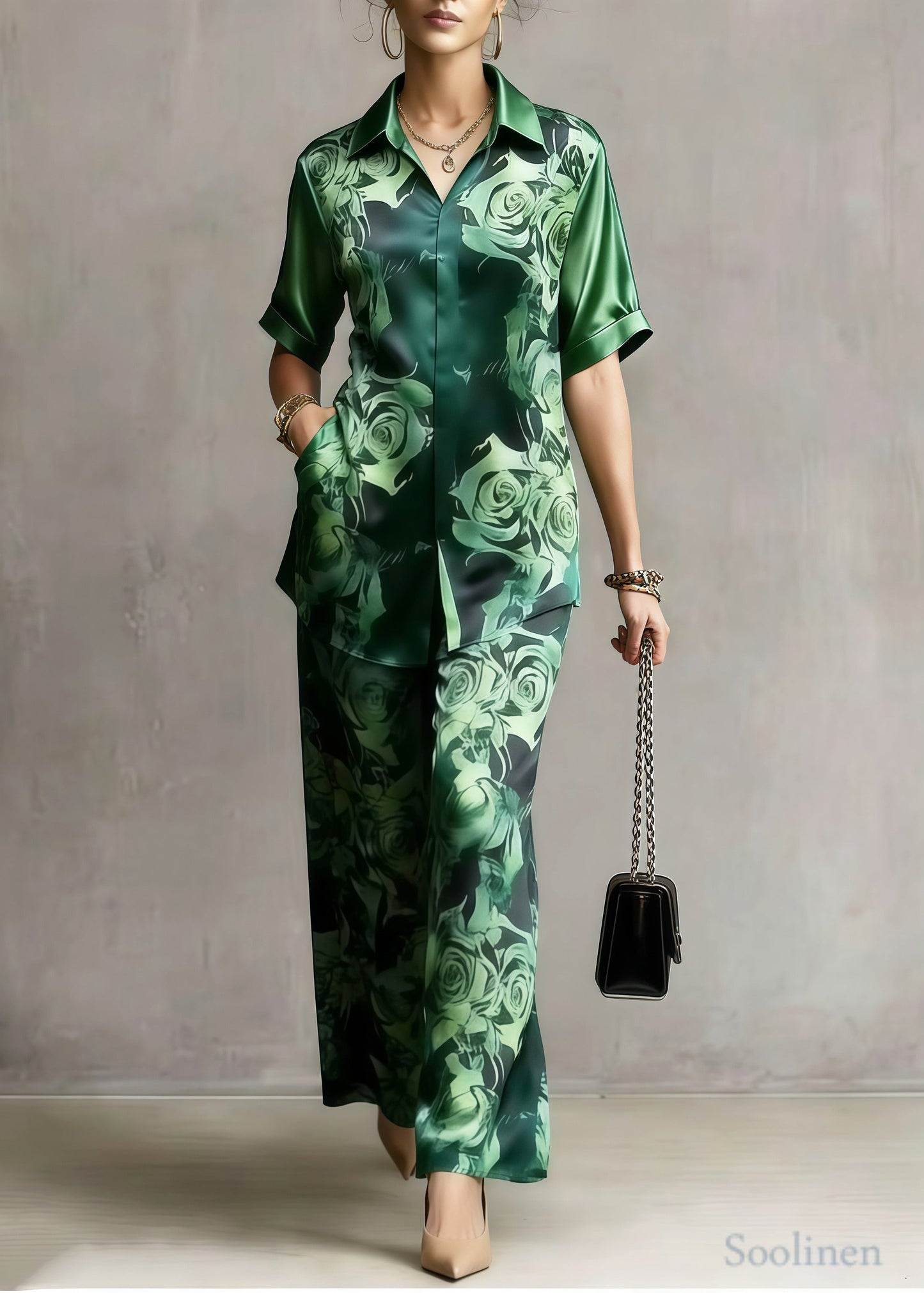 Women Tea Green Flower Print Draping Silk Two Pieces Set Summer