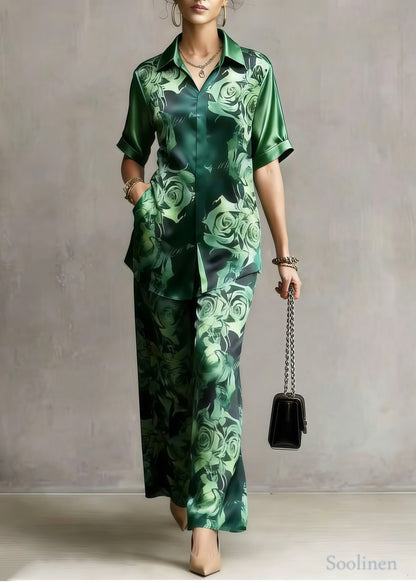 Women Tea Green Flower Print Draping Silk Two Pieces Set Summer