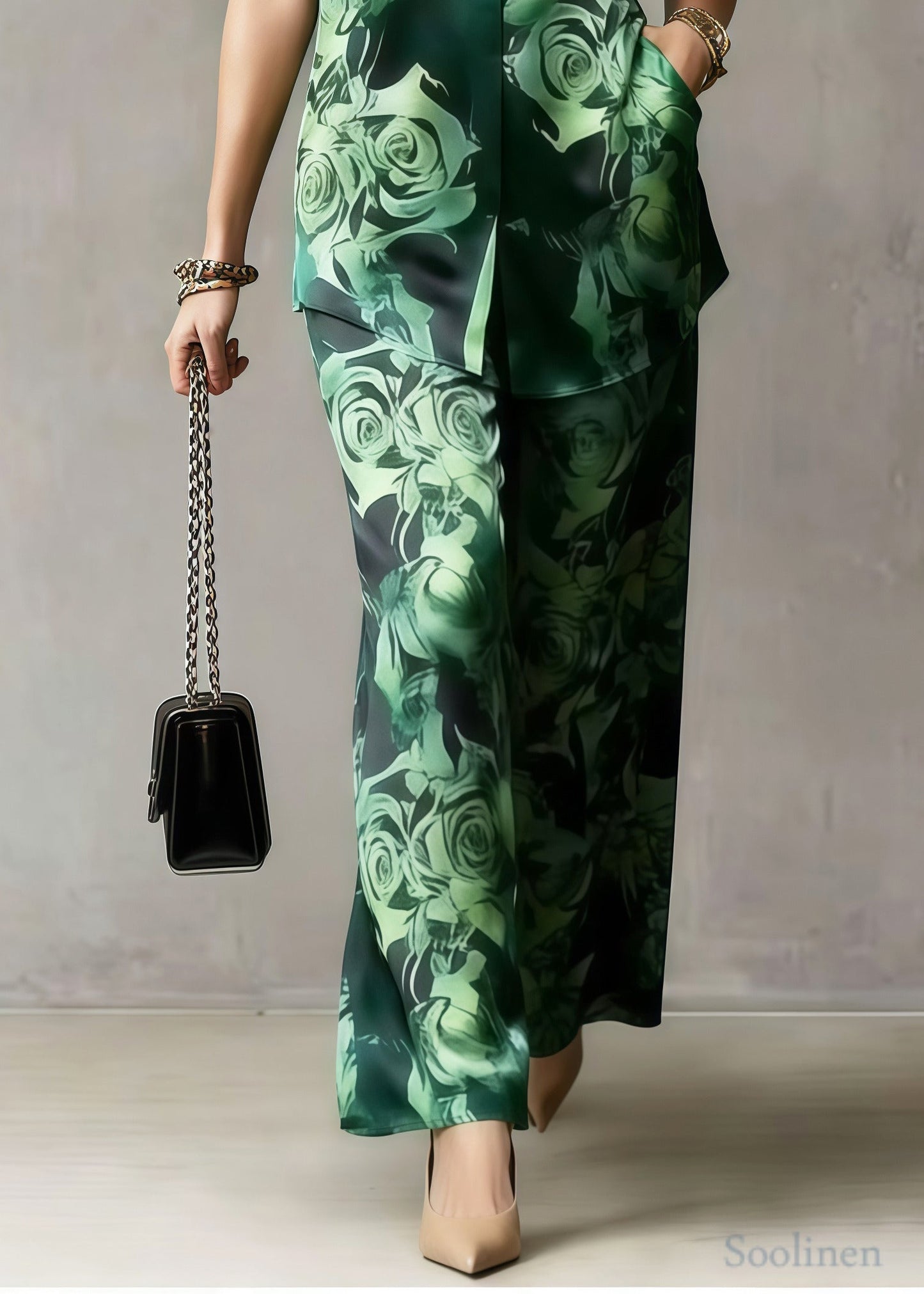 Women Tea Green Flower Print Draping Silk Two Pieces Set Summer