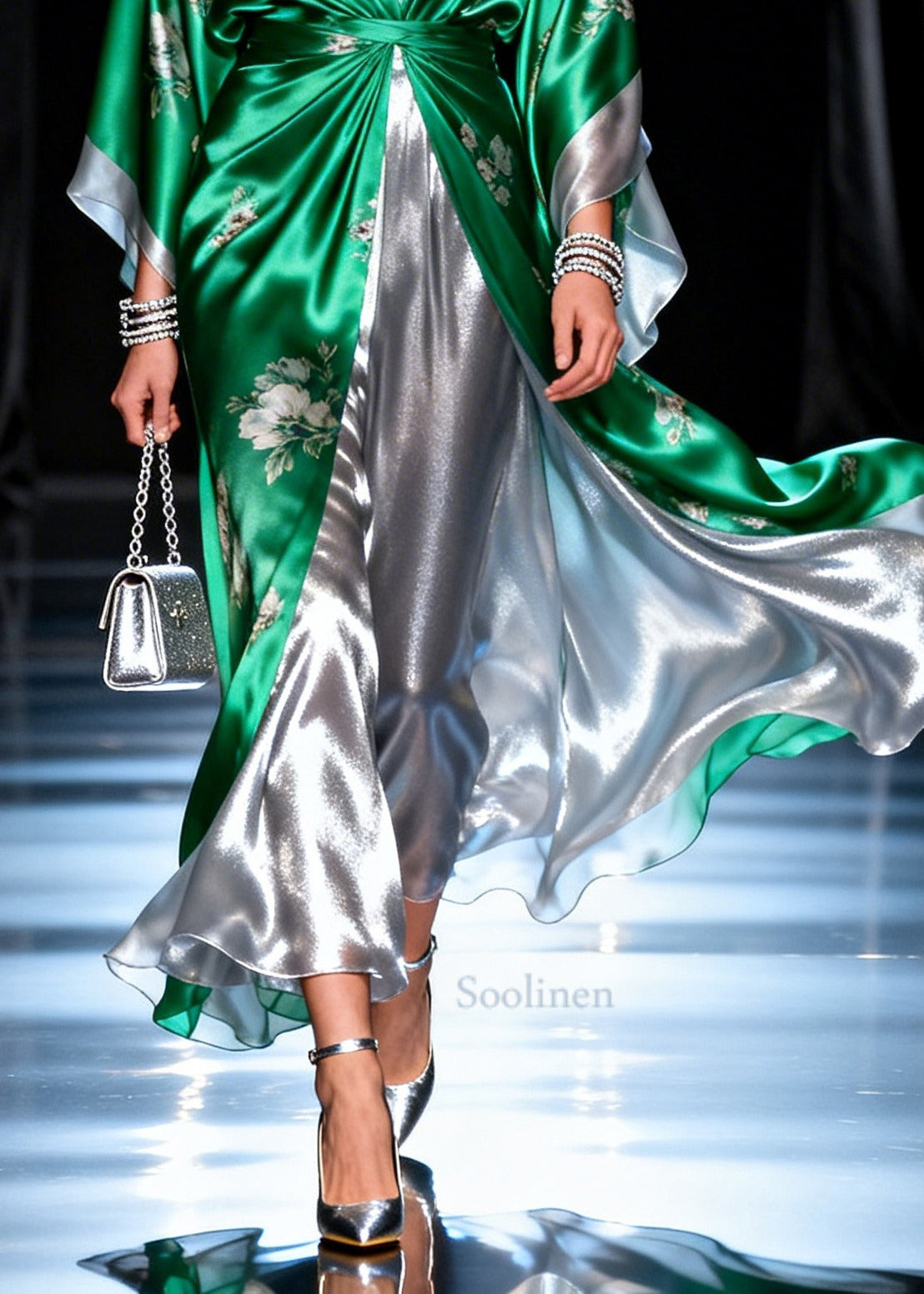 Women Tea Green Print Patchwork Chiffon Long Dress Summer