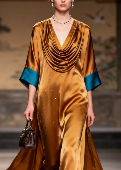 Women Turtle Neck Patchwork Silk Long Dress Summer