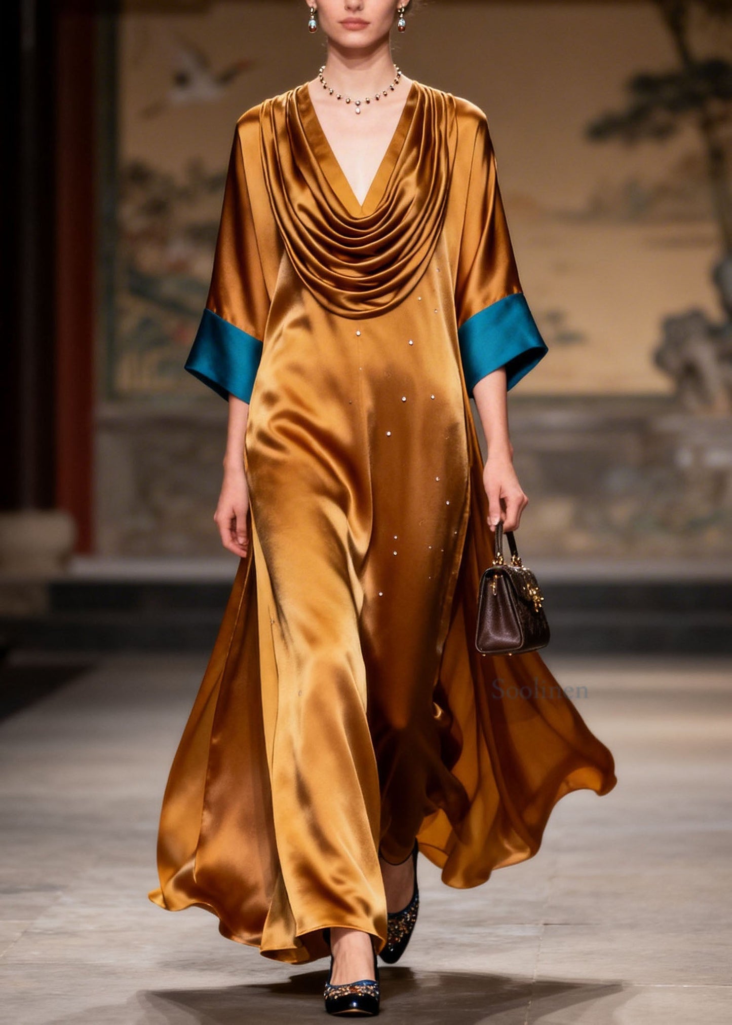 Women Turtle Neck Patchwork Silk Long Dress Summer