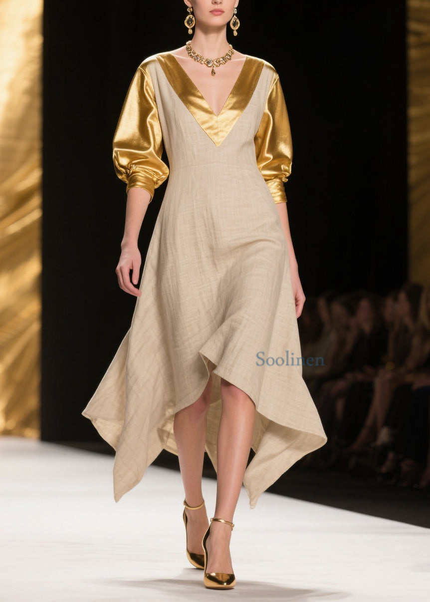 Women V Neck Asymmetrical Design Patchwork Linen Silk Dress Summer