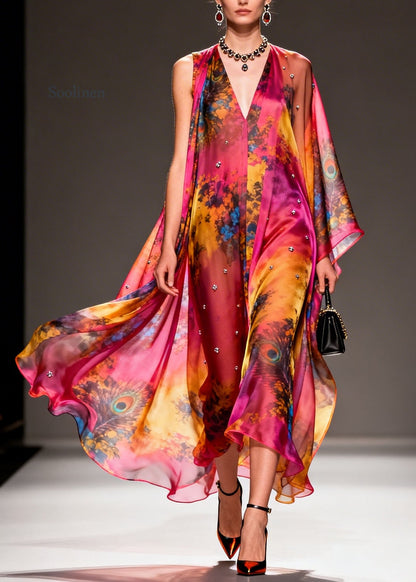 Women V Neck Asymmetrical Design Print Chiffon Dress Summer
