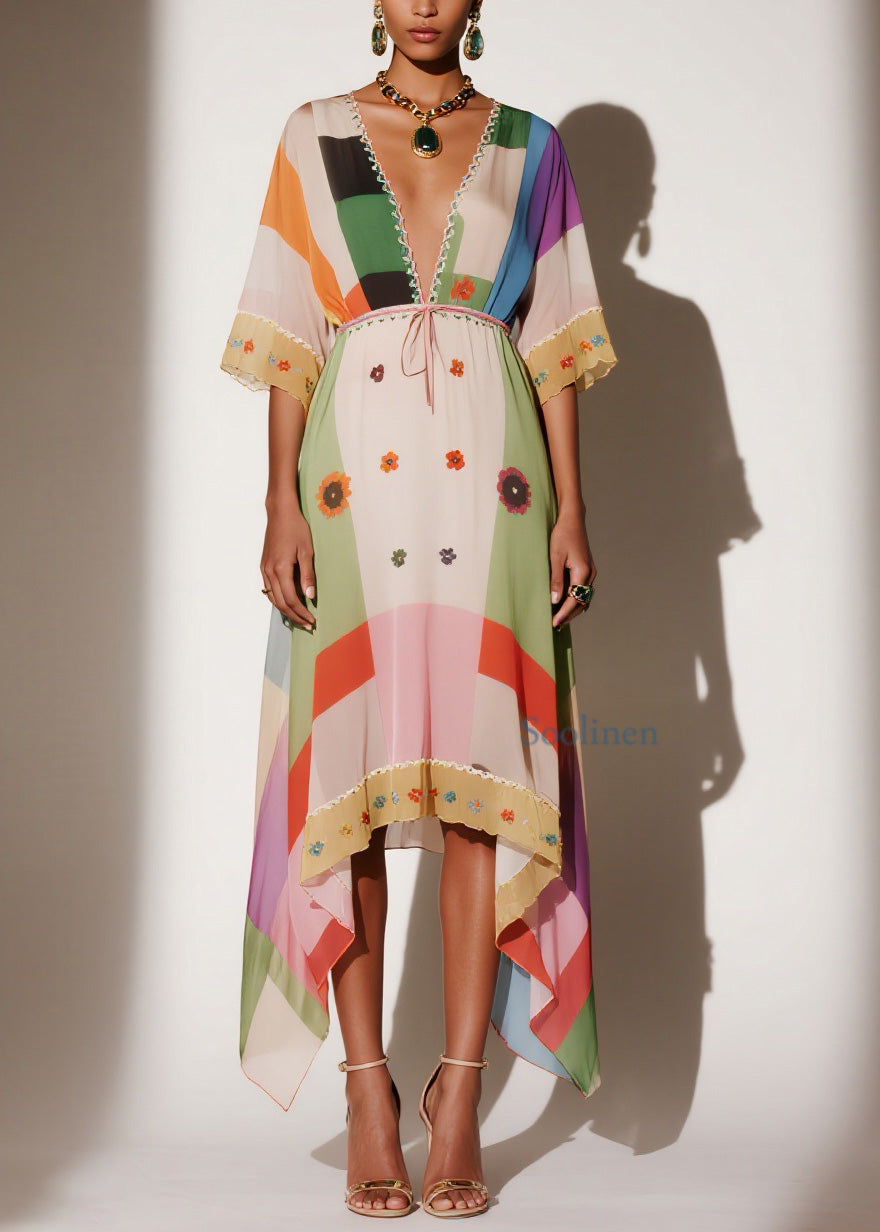 Women V Neck Print Asymmetrical Chiffon Long Dresses Summer