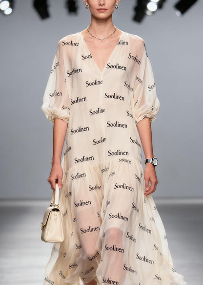 Women V Neck Print Chiffon Long Dress Summer