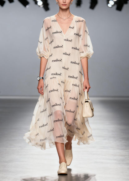 Women V Neck Print Chiffon Long Dress Summer