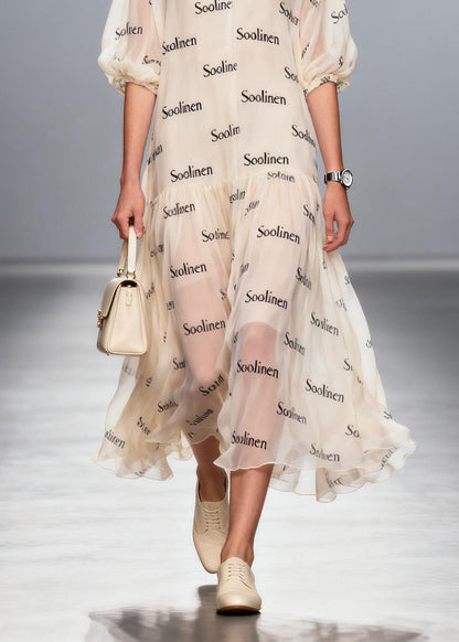 Women V Neck Print Chiffon Long Dress Summer
