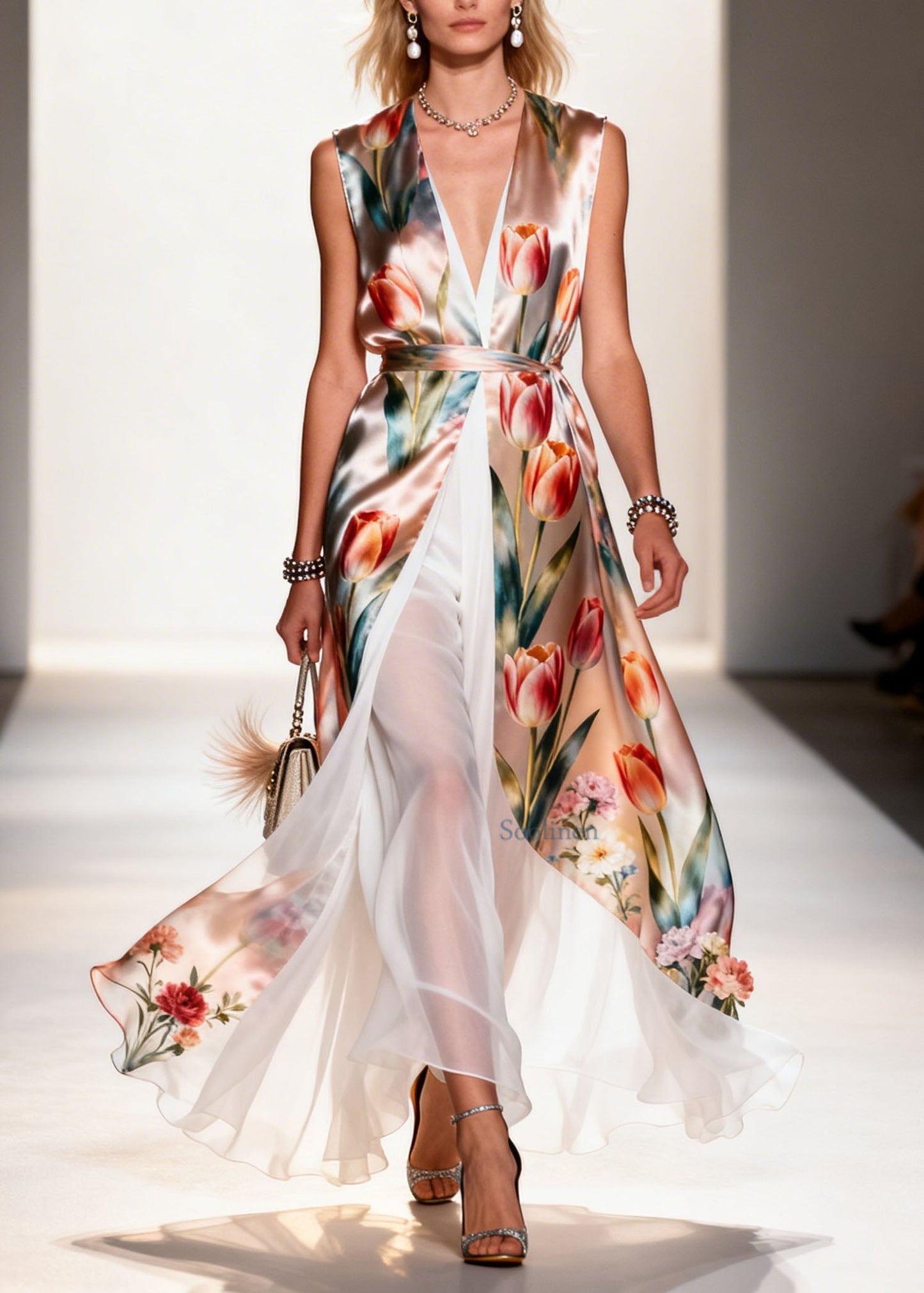 Women V Neck Print Patchwork False Two Pieces Chiffon Dress Summer