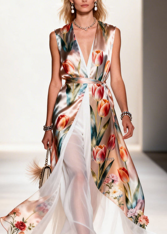 Women V Neck Print Patchwork False Two Pieces Chiffon Dress Summer