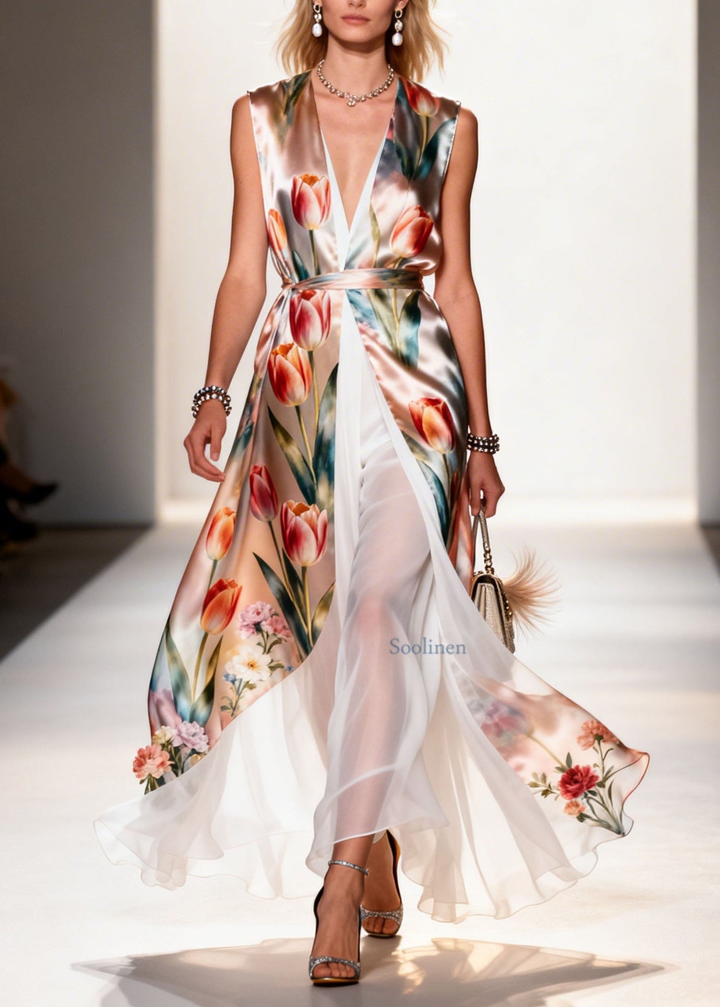 Women V Neck Print Patchwork False Two Pieces Chiffon Dress Summer