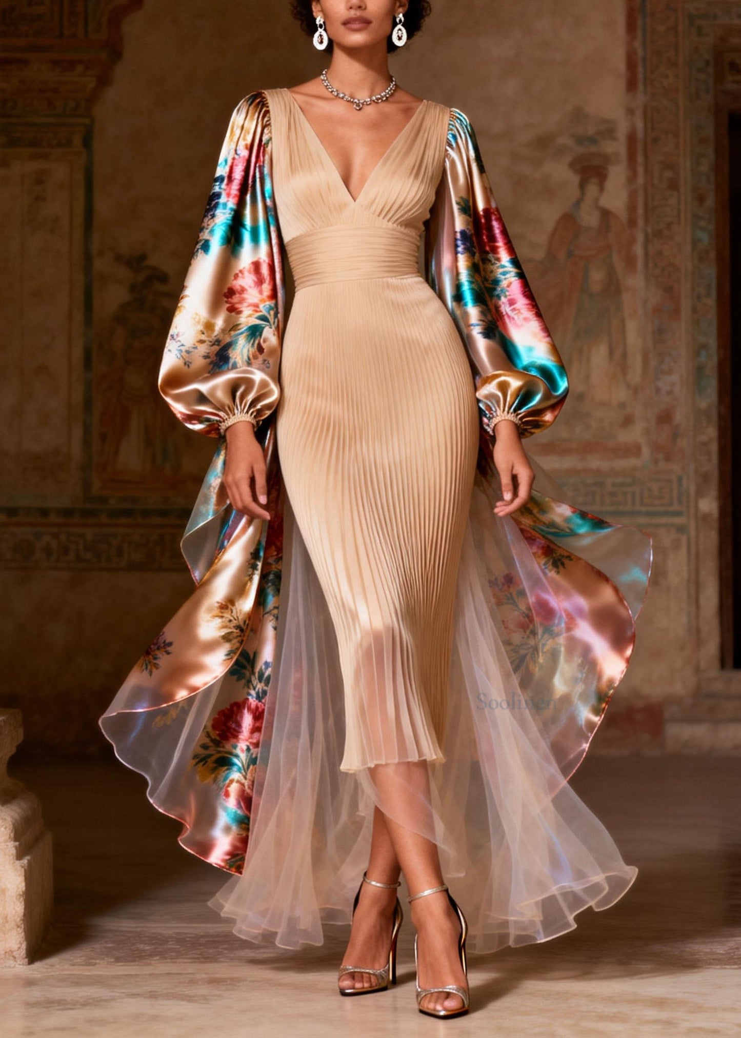 Women V Neck Print Patchwork Silk Long  Dress Spring