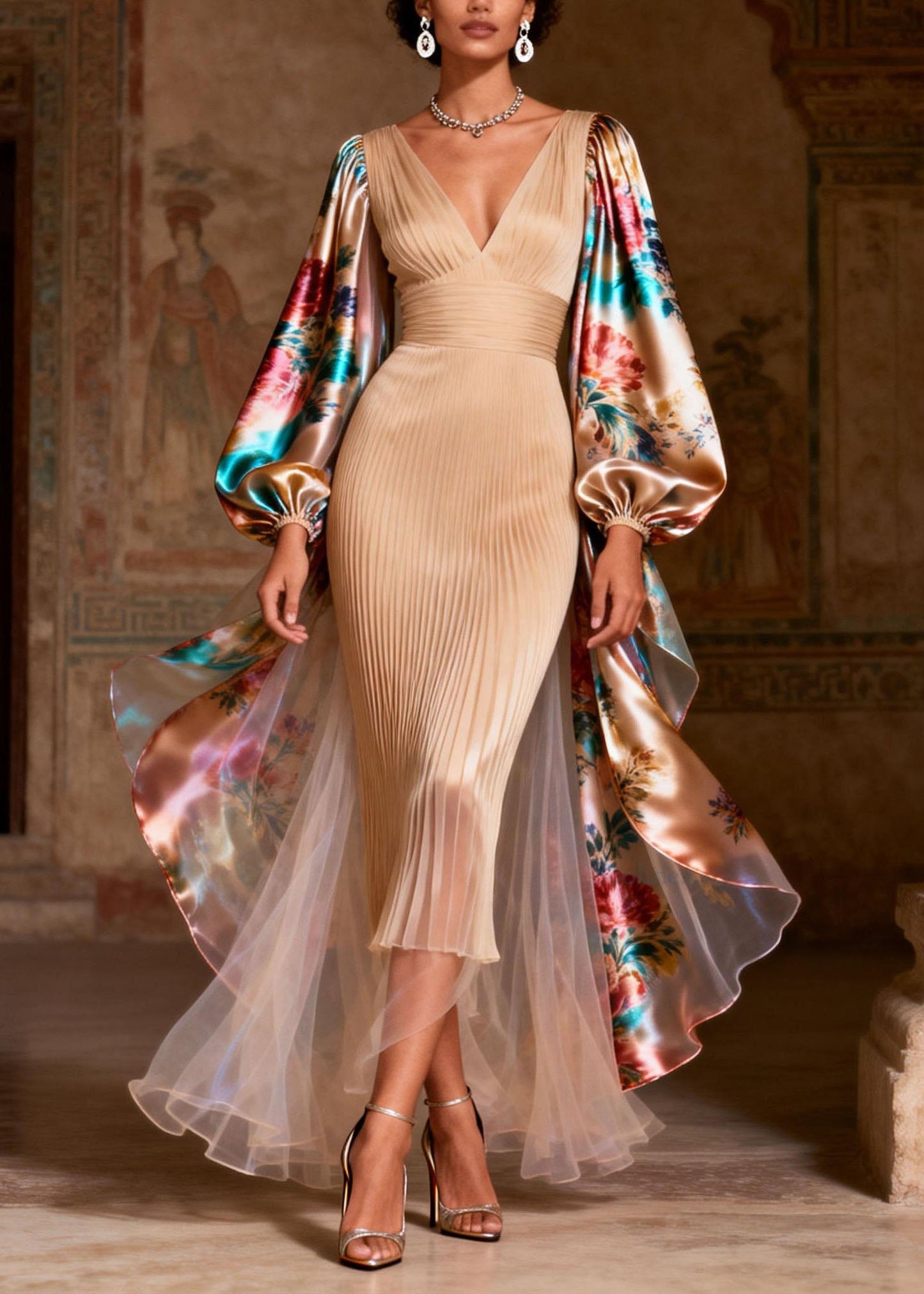 Women V Neck Print Patchwork Silk Long  Dress Spring