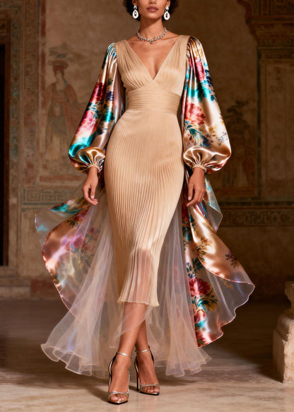 Women V Neck Print Patchwork Silk Long  Dress Spring