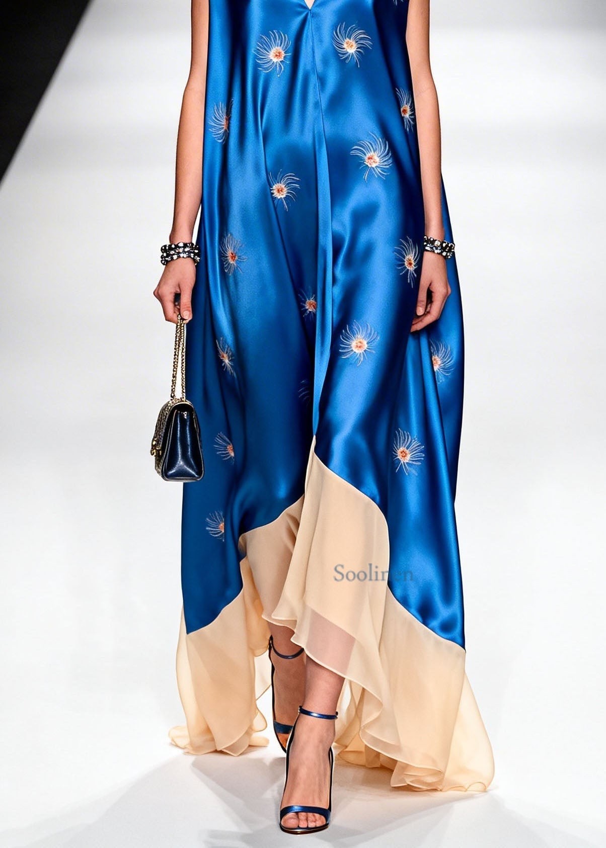 Women V Neck Print Patchwork Silk Long Dresses Summer