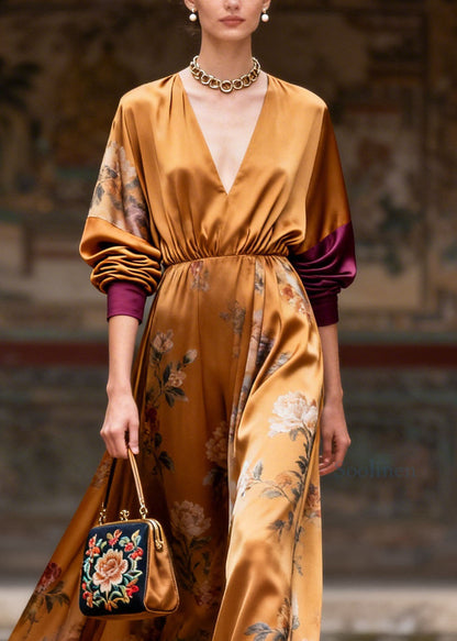 Women V Neck Print Patchwork Silk Maxi Dresses Summer