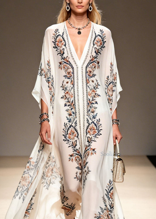 Women V Neck Print Plus Size Chiffon Dress Summer