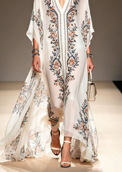 Women V Neck Print Plus Size Chiffon Dress Summer