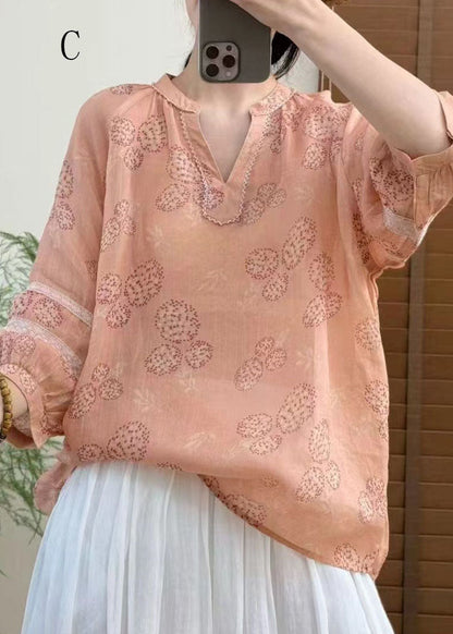Women V Neck Print Plus Size Linen Top Bracelet Sleeve